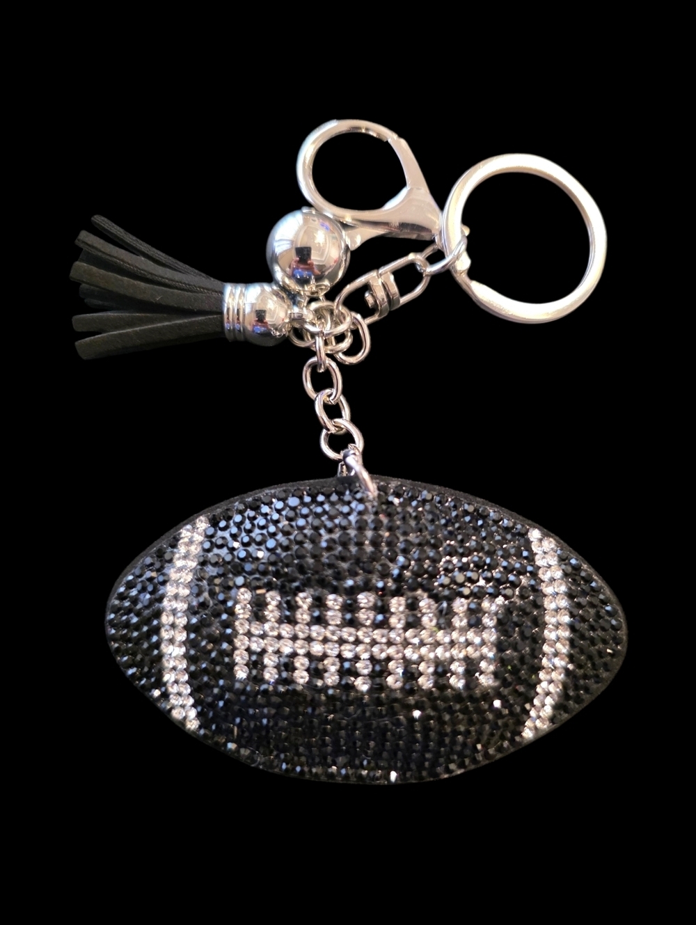 Black Rhinestone Football Bag Charm Keychain with Tassel
